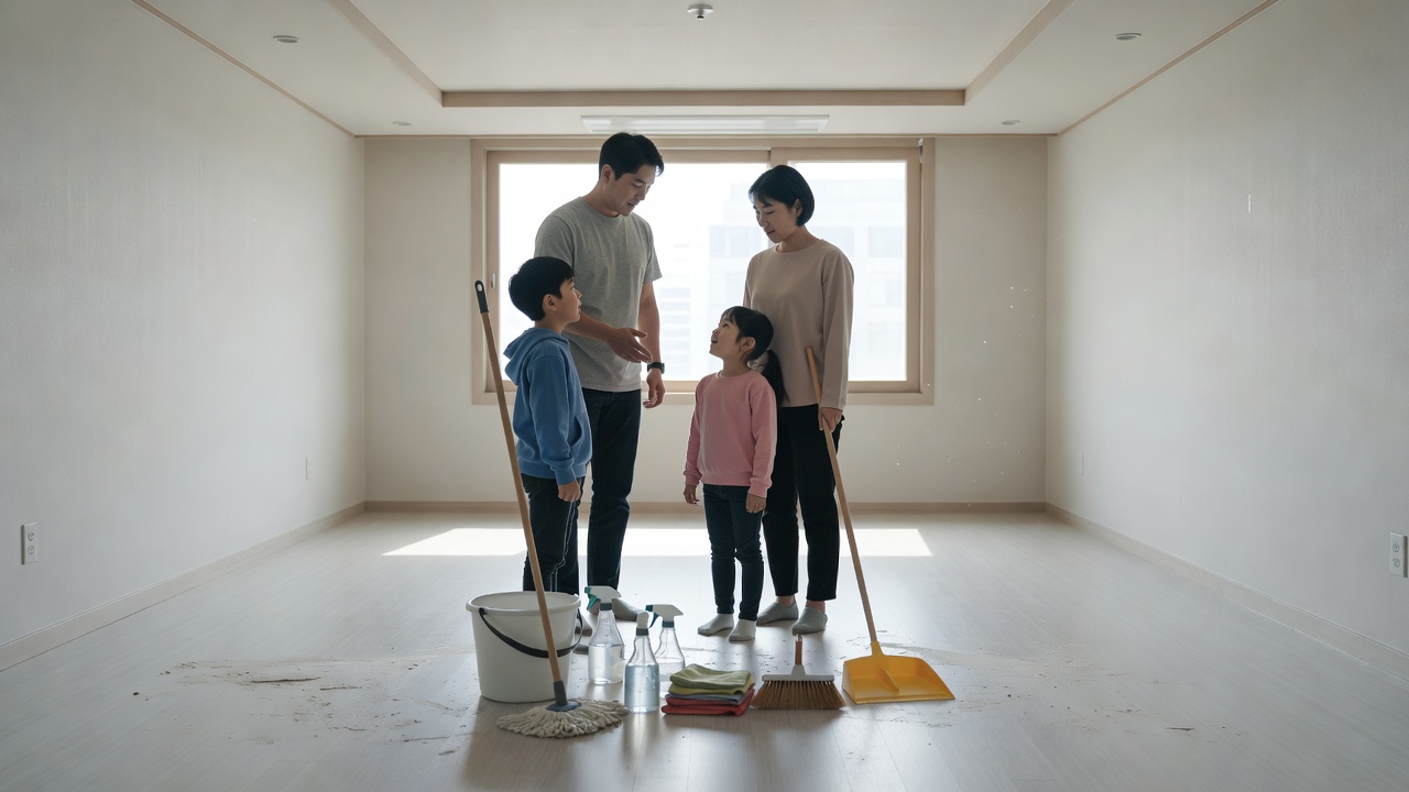 입주 전 청소의 중요성을 강조하는 가족의 모습