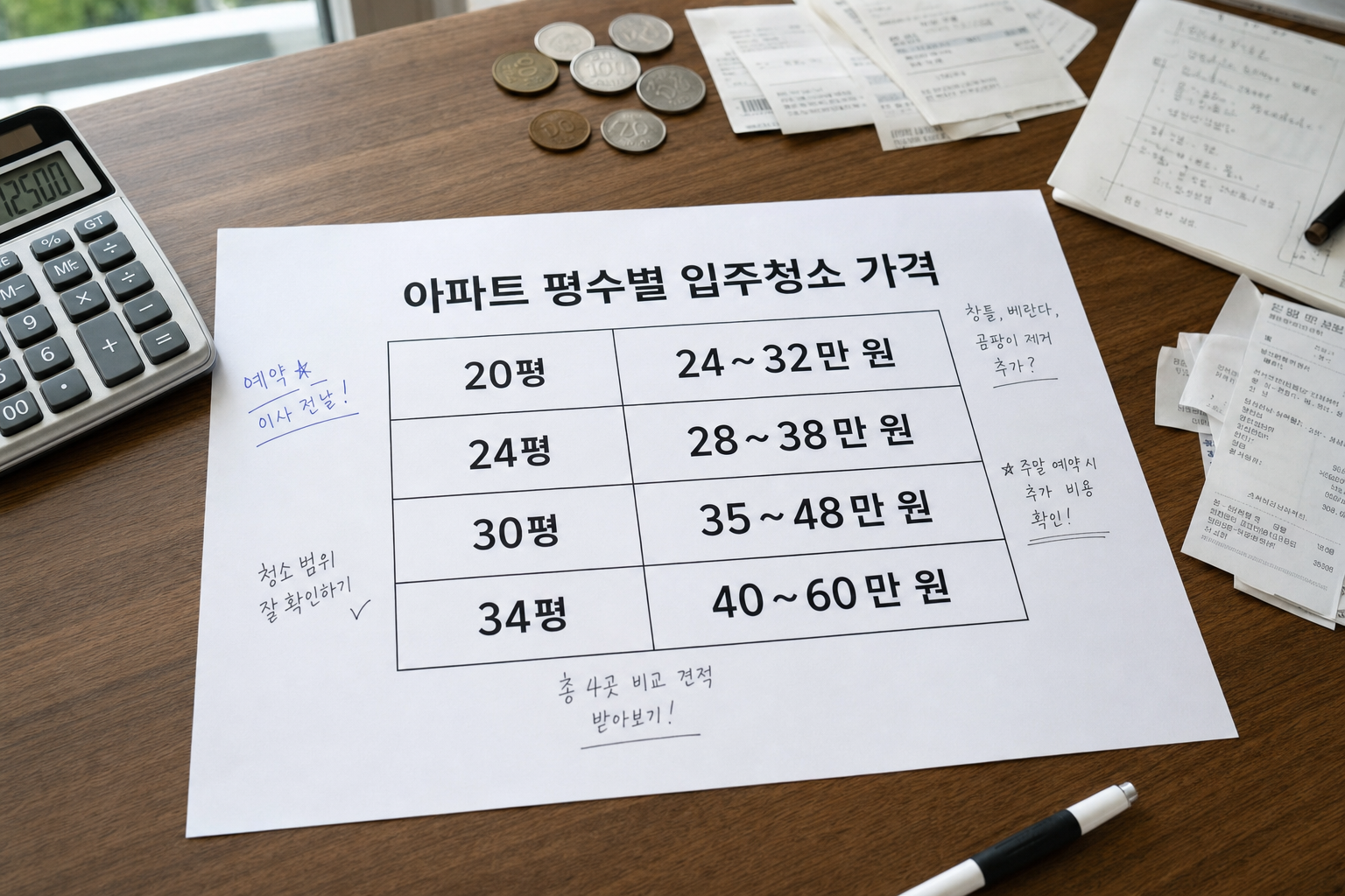 아파트 평수별 입주청소 평균 비용 비교표: 아파트 입주청소 가격